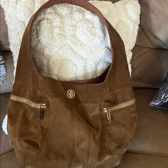 Tory Burch Tan Suede Hobo Bag with Gold Accents - Picture 2 of 15
